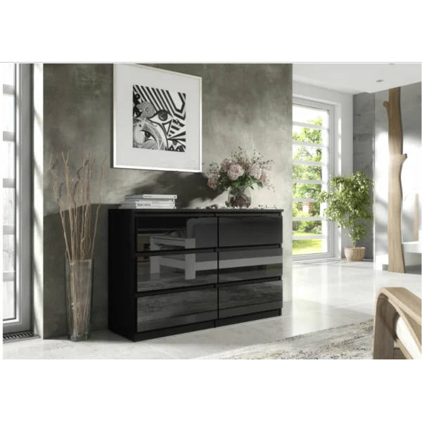 Livraison gratuite 3xeLiving Commode DEMII Avec 6 Tiroirs En Noir/noir Brillant, 120 Cm 1