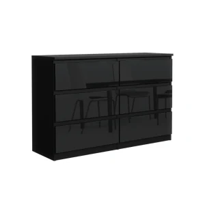 Livraison gratuite 3xeLiving Commode DEMII Avec 6 Tiroirs En Noir/noir Brillant, 120 Cm 6