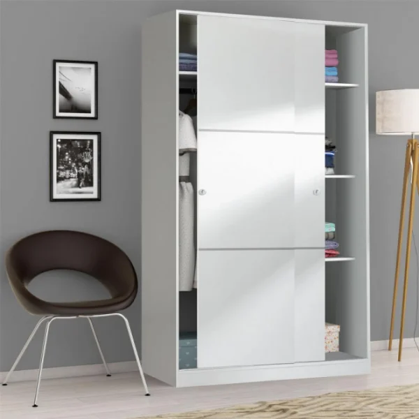 boutiqued pas cher Dansmamaison Armoire Coulissante 2 Portes Blanc – RAFU – L 120 X L 50 X H 200 Cm 3