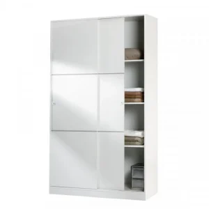 boutiqued pas cher Dansmamaison Armoire Coulissante 2 Portes Blanc – RAFU – L 120 X L 50 X H 200 Cm 10