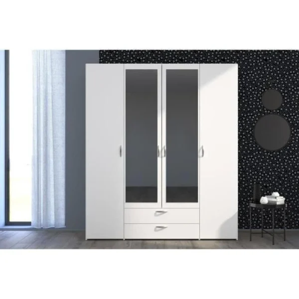 Parisot Armoire VARIA – Décor Blanc – 4 Portes Battantes + 2 Miroirs + 2 Tiro… magasin pour 3
