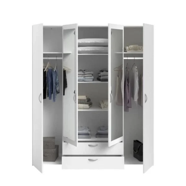 Parisot Armoire VARIA – Décor Blanc – 4 Portes Battantes + 2 Miroirs + 2 Tiro… magasin pour 5