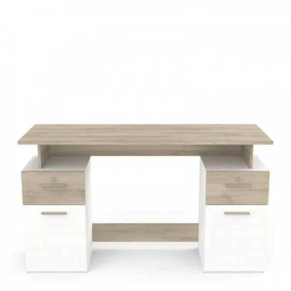 en ligne Dansmamaison Bureau 2 Portes 2 Tiroirs Bois/Blanc – VOLTAIRE – L 135 X L 55 X H 76 … 1