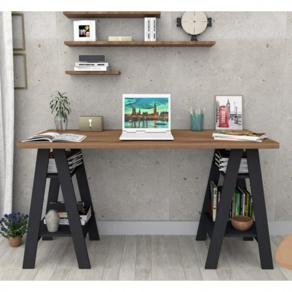 SANS MARQUE Bureau 2 Tréteaux Châtaignier Et Noir boutiqued pas cher 3