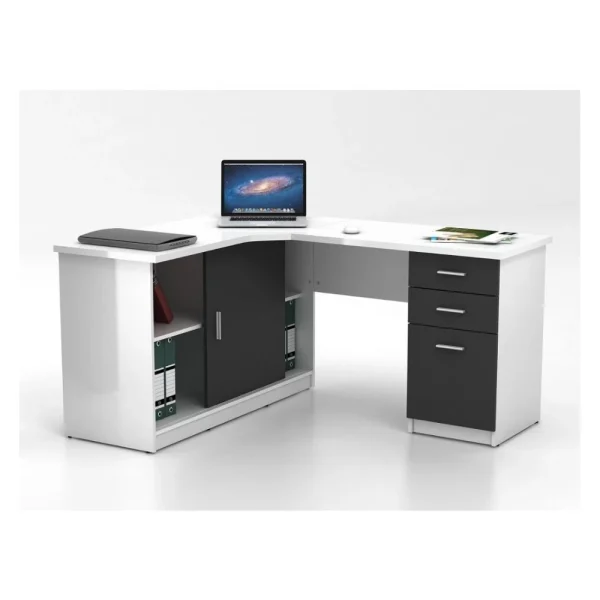 Vente-unique Bureau D’angle NORWY – 2 Portes & 2 Tiroirs – Blanc & Gris qualité supérieure 3