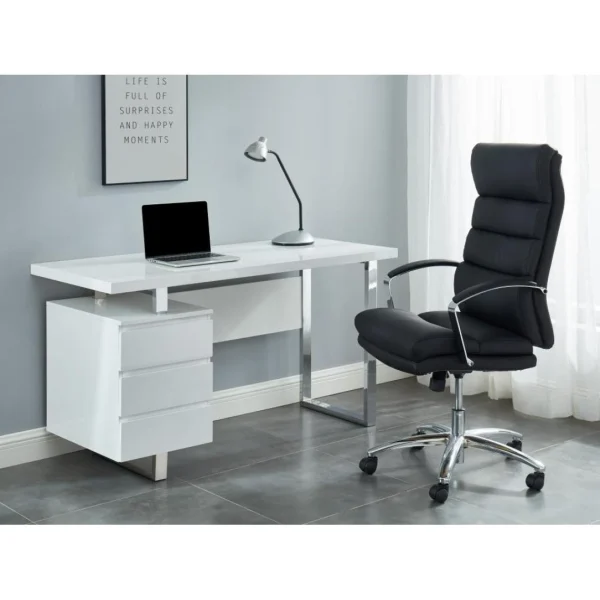 pas cher en vente Vente-unique Bureau Avec 3 Tiroirs – MDF – Blanc Laqué – MYLAN II 1
