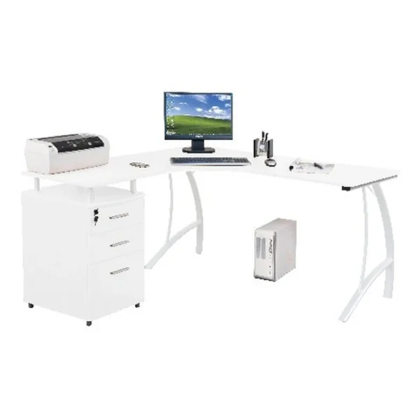 Hjh OFFICE Bureau D’angle CASTOR Avec Caisson à Tiroirs Fixe, Blanc Laqué Hau… meilleure qualité 1