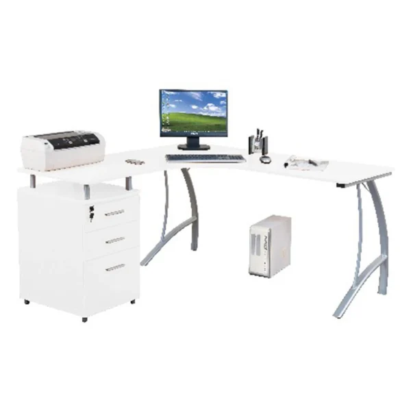 Hjh OFFICE Bureau D’angle CASTOR Avec Caisson à Tiroirs Fixe, Blanc Laqué Hau… meilleure qualité 3