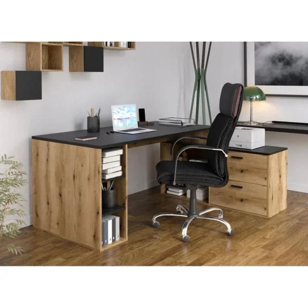meilleur cadeau Pegane Bureau D’angle En Mélamine Coloris Imitation Chêne Rustique / Noir -… 4