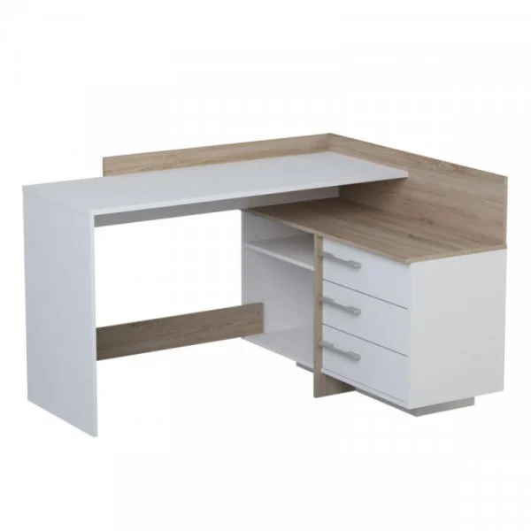 en ligne vente Dansmamaison Bureau D’angles 3 Tiroirs Blanc/Chêne – ALES – L 129 X L 105 X H 83 C… 3
