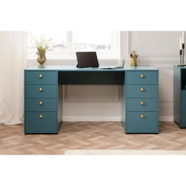 SANS MARQUE Bureau Droit Avec 8 Tiroirs – Bleu Petrole – 160 X 67 X 75 Cm – Pop Co… qualité supérieure 3