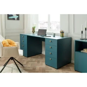 SANS MARQUE Bureau Droit Avec 8 Tiroirs – Bleu Petrole – 160 X 67 X 75 Cm – Pop Co… qualité supérieure 15