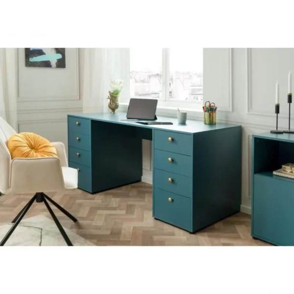 SANS MARQUE Bureau Droit Avec 8 Tiroirs – Bleu Petrole – 160 X 67 X 75 Cm – Pop Co… qualité supérieure 6