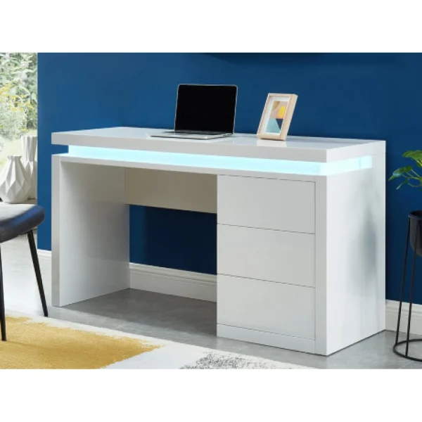 Vente-unique Bureau EMERSON – 3 Tiroirs – MDF Laqué Blanc – LEDs vente à bas prix 1