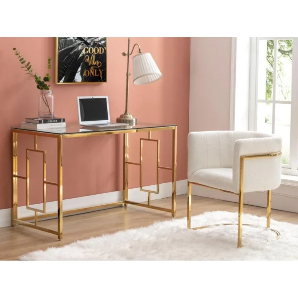 france Vente-unique Bureau En Verre Trempé Et Acier – Doré Et Transparent – CLOTILDE 1