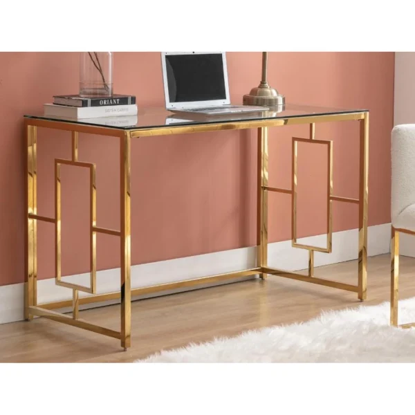 france Vente-unique Bureau En Verre Trempé Et Acier – Doré Et Transparent – CLOTILDE 3