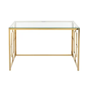 france Vente-unique Bureau En Verre Trempé Et Acier – Doré Et Transparent – CLOTILDE 13