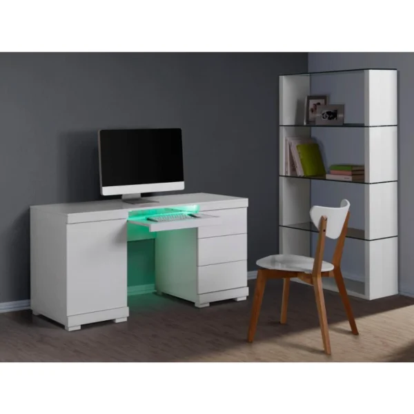de garantie authentique Vente-unique Bureau PLUTON – MDF Laqué Blanc – LEDs – 1 Porte & 3 Tiroirs 3