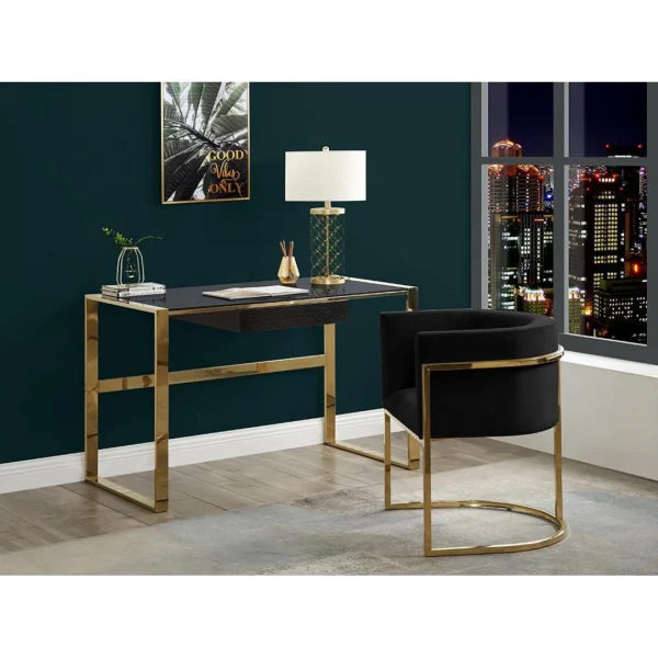 site soldes Vente-unique Bureau SALI – 1 Tiroir – Verre Trempé Et Acier – Noir Et Doré 3
