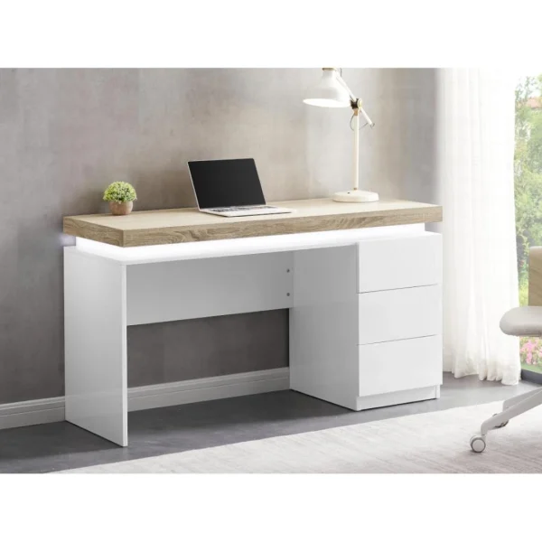 commentaire favorable Vente-unique Bureau Avec 3 Tiroirs Et LEDs – MDF Laqué Blanc Et Naturel – HALO 1