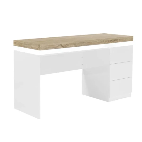 commentaire favorable Vente-unique Bureau Avec 3 Tiroirs Et LEDs – MDF Laqué Blanc Et Naturel – HALO 3
