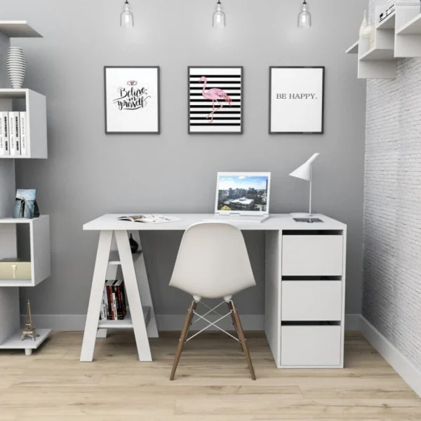 Beaux Meubles Pas Chers Bureau Tréteau 3 Tiroirs Blanc SELF Promotio de vente 4