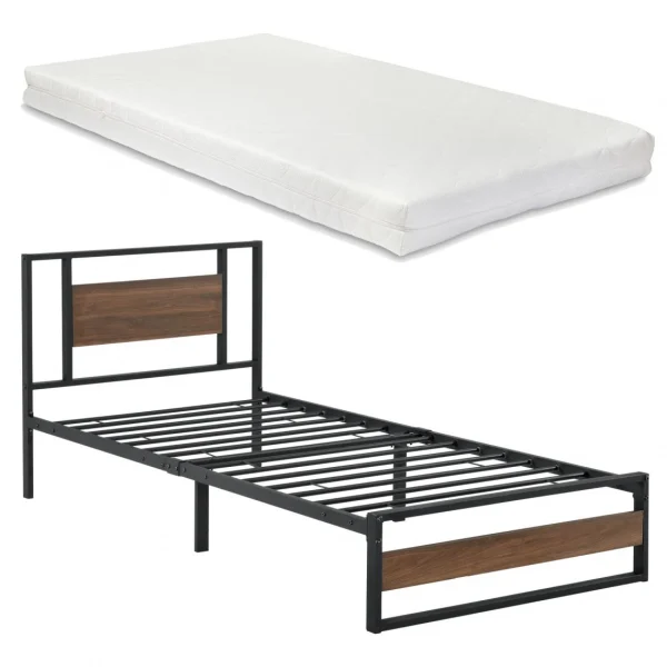 En.casa Cadre De Lit Simple Villach Matelas 90 X 200 Cm Noir Mat Effet Noyer [… meilleur cadeau 1
