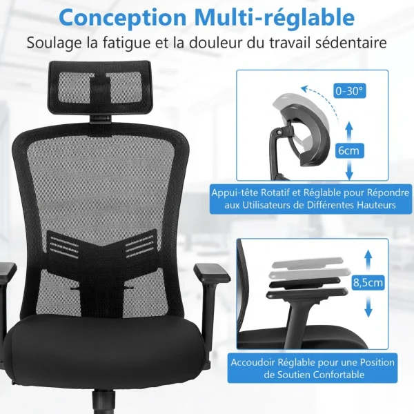 Costway Chaise De Bureau Ergonomiqueà Roulettes Avec Dossier Inclinable, Supp… guranteed de qualité 3