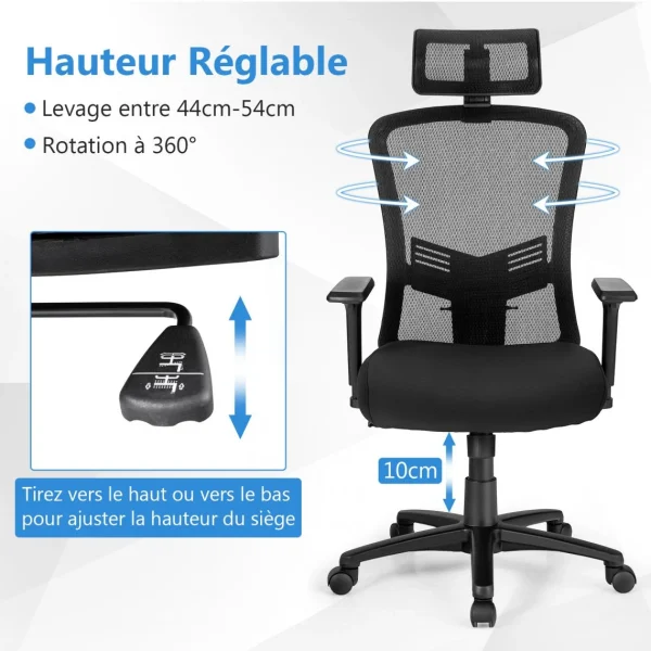 Costway Chaise De Bureau Ergonomiqueà Roulettes Avec Dossier Inclinable, Supp… guranteed de qualité 5
