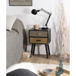 Retour gratuit en magasin. MACABANE Chevet 2 Tiroirs Pin Noir Mat 65×35,5cm Kuala 18