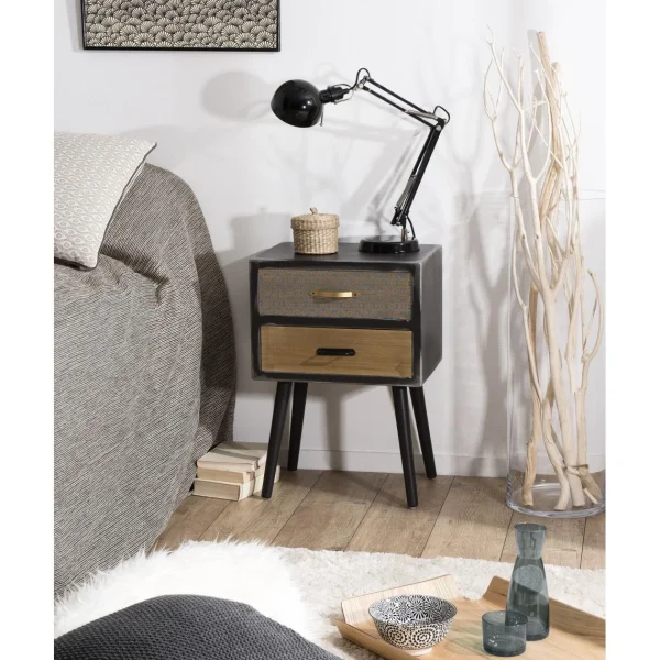 Retour gratuit en magasin. MACABANE Chevet 2 Tiroirs Pin Noir Mat 65×35,5cm Kuala 7