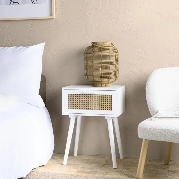 à prix promos MACABANE Chevet Blanc 1 Tiroir Cannage Naturel SANDRO 3