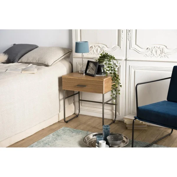 achat pas cher MACABANE Chevet 1 Tiroir En Bois Et Pieds Métal CARLA 1