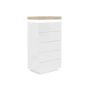 Meilleur Prix Vente-unique Chiffonnier 5 Tiroirs – Avec LEDs – MDF Laqué – Blanc Et Naturel – HA… 9