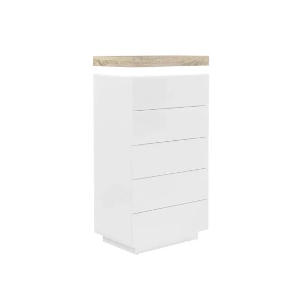 Meilleur Prix Vente-unique Chiffonnier 5 Tiroirs – Avec LEDs – MDF Laqué – Blanc Et Naturel – HA… 3