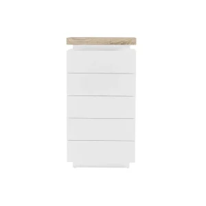 Meilleur Prix Vente-unique Chiffonnier 5 Tiroirs – Avec LEDs – MDF Laqué – Blanc Et Naturel – HA… 11