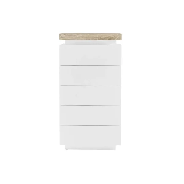 Meilleur Prix Vente-unique Chiffonnier 5 Tiroirs – Avec LEDs – MDF Laqué – Blanc Et Naturel – HA… 4