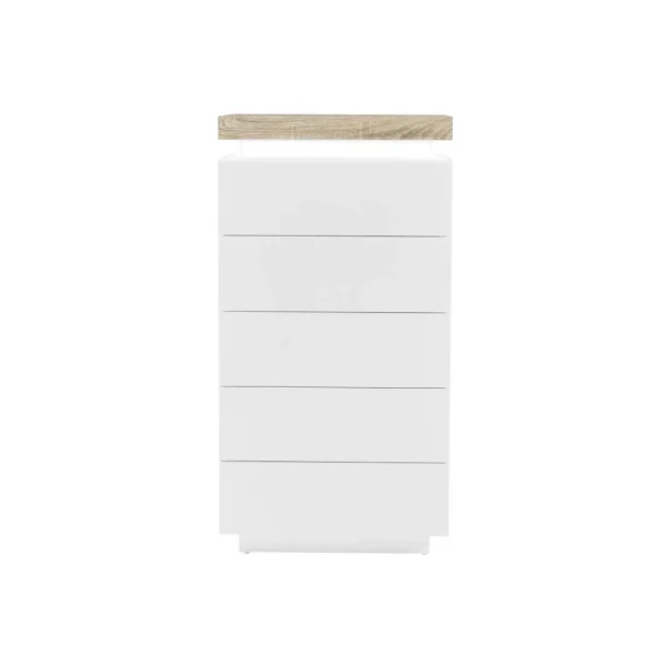 Meilleur Prix Vente-unique Chiffonnier 5 Tiroirs – Avec LEDs – MDF Laqué – Blanc Et Naturel – HA… 5
