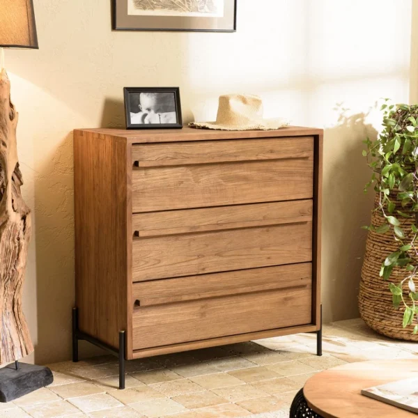 soldes officiel MACABANE Commode 3 Tiroirs En Bois De Teck Recyclé Pieds En Métal Noir 1