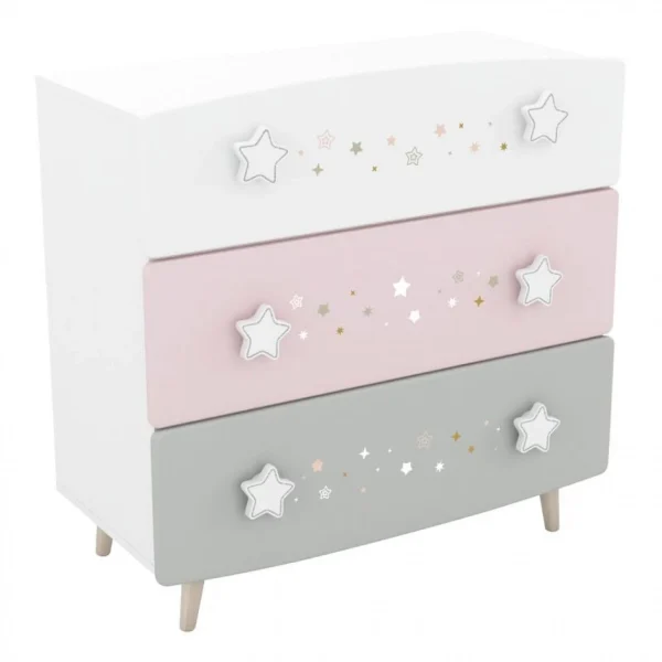boutiqued en ligne BUT Commode 3 Tiroirs ETOILES 2 Gris, Rose Et Blanc 1