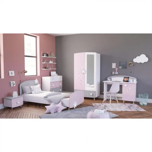 boutiqued en ligne BUT Commode 3 Tiroirs ETOILES 2 Gris, Rose Et Blanc 6
