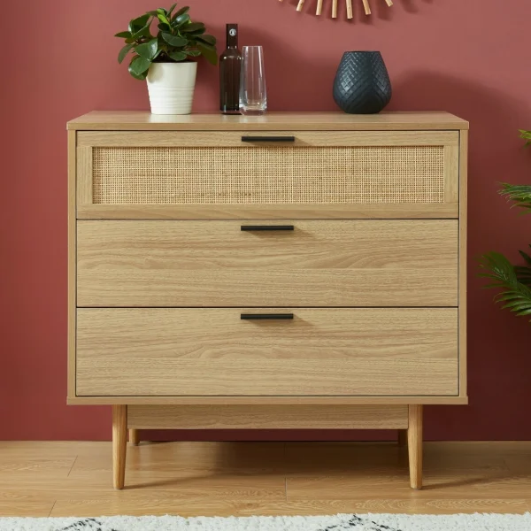 Baita Commode AMANA Cannage Et Décor Bois 3 Tiroirs – L80cm dernière tendance 1