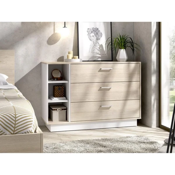 site en ligne Vente-unique Commode 3 Tiroirs Et 3 Niches – Coloris : Naturel Et Blanc – LEANDRE 1