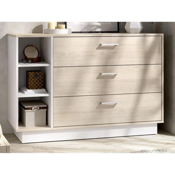 site en ligne Vente-unique Commode 3 Tiroirs Et 3 Niches – Coloris : Naturel Et Blanc – LEANDRE 3