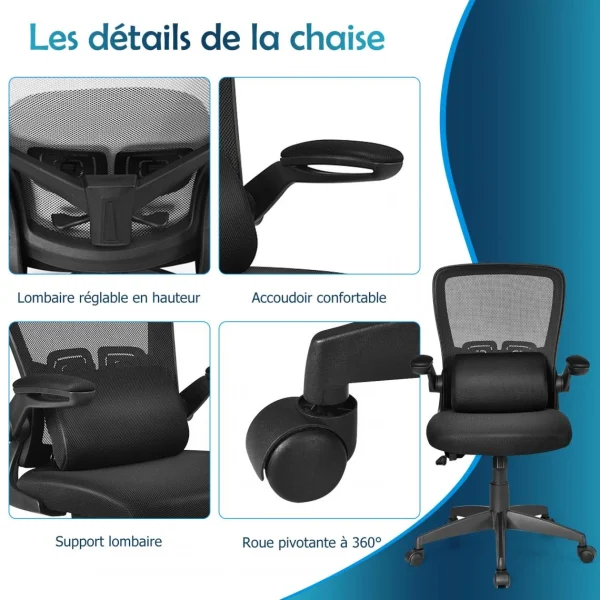beauté Costway Fauteuil De Bureau Chaise Ergonomique Pivotante En Maille Avec Support… 4