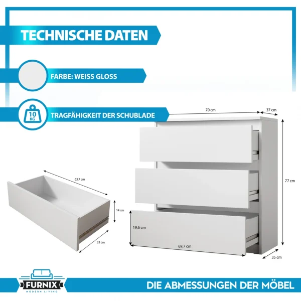 acheter en ligne Furnix Commode / Meuble De Rangement ARENAL Avec 3 Tiroirs 70 X 37 X 7… 6