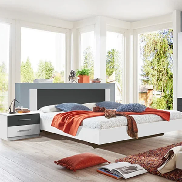 à prix d'occasion MES Lit 2 Personnes 160×200 Cm Avec 2 Chevets Anthracite Et Blanc – MALIA 1