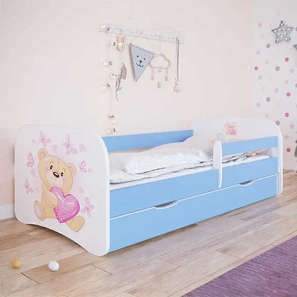 MES Lit 70×140 Cm Bleu + Matelas Et Tiroir Décor Ourson Et Coeurs – HEROS luxe soldes 1