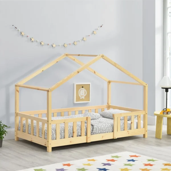 destockage En.casa Lit D’Enfant Forme Maison Avec Grille De Protection Treviolo 140 X 70 … 1
