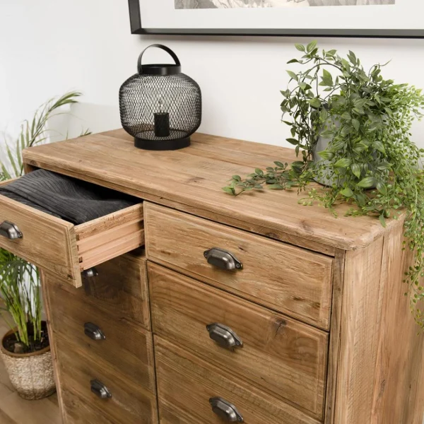 magasins pour MACABANE Meuble ANDRIAN 2 Tiroirs 2 Portes Avec Deco Faux Tiroirs Bois Pin Recy… 12